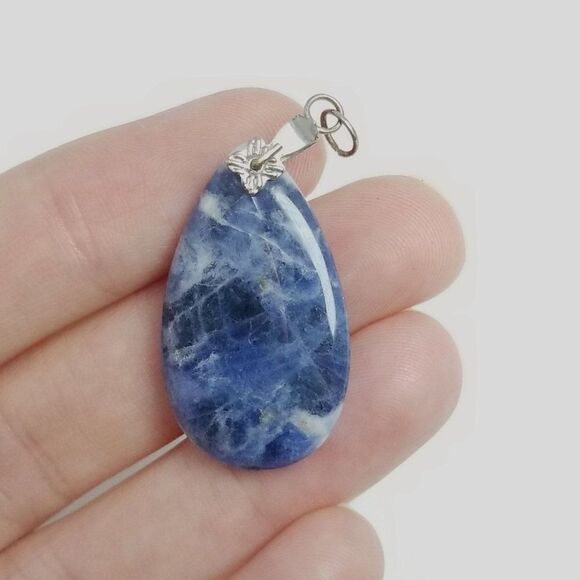 Vintage Blue Stone Drop Shape Pendant, Silver Tone Seteting, Estate - Picture 2 of 5